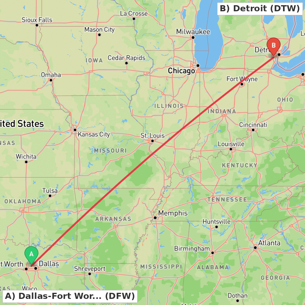 Flight route map from Dallas-Fort Worth to Detroit