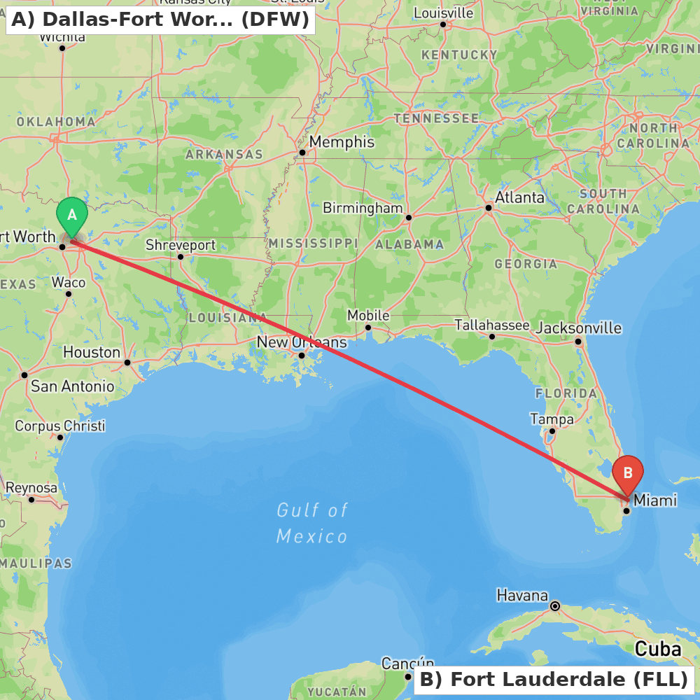 Flight route map from Dallas-Fort Worth to Fort Lauderdale