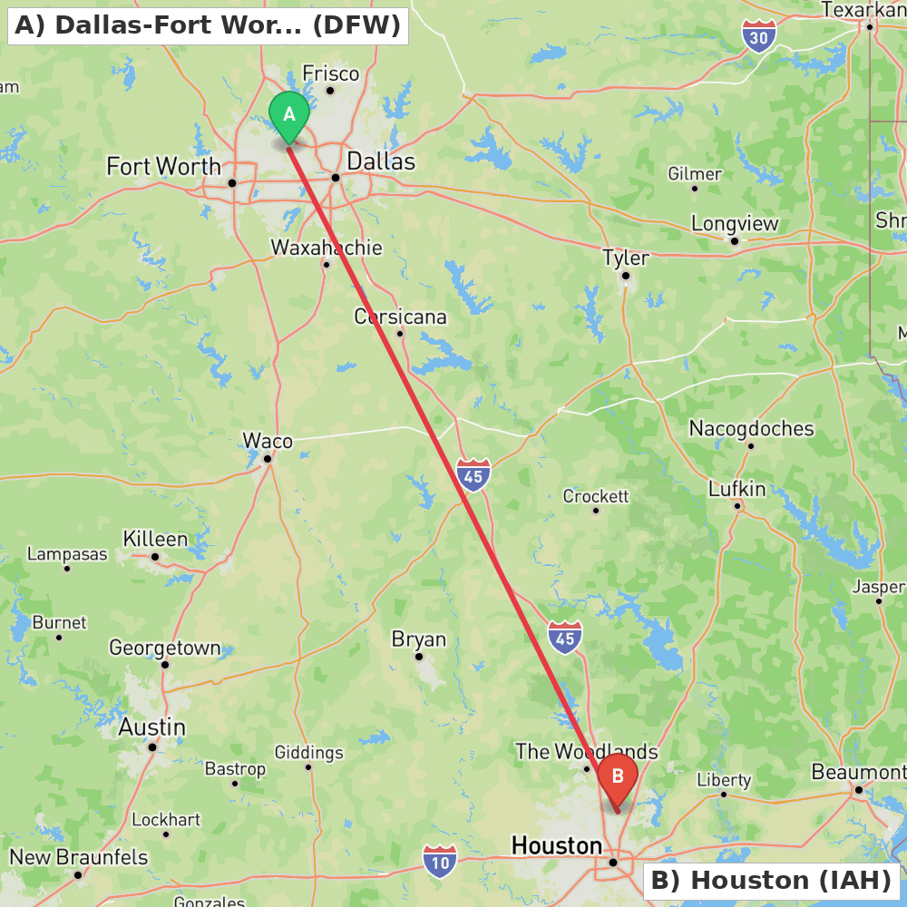 Flight route map from Dallas-Fort Worth to Houston