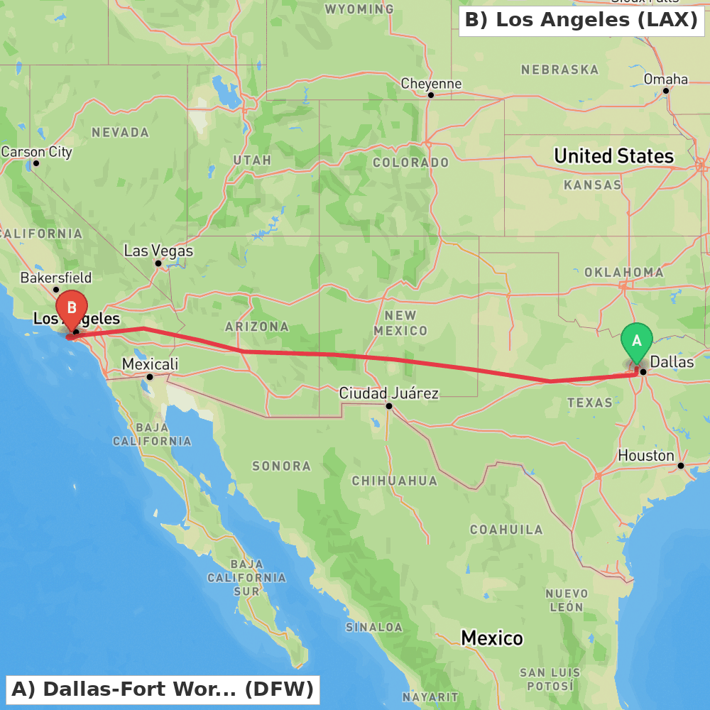 Flight route map from Dallas-Fort Worth to Los Angeles
