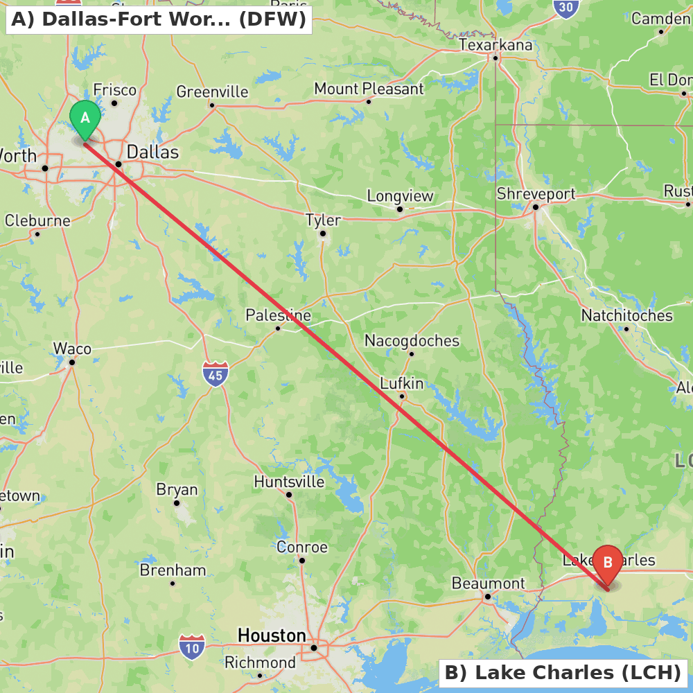 Flight route map from Dallas-Fort Worth to Lake Charles
