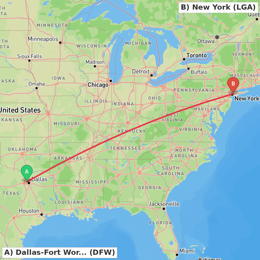Flight route map from Dallas-Fort Worth to New York
