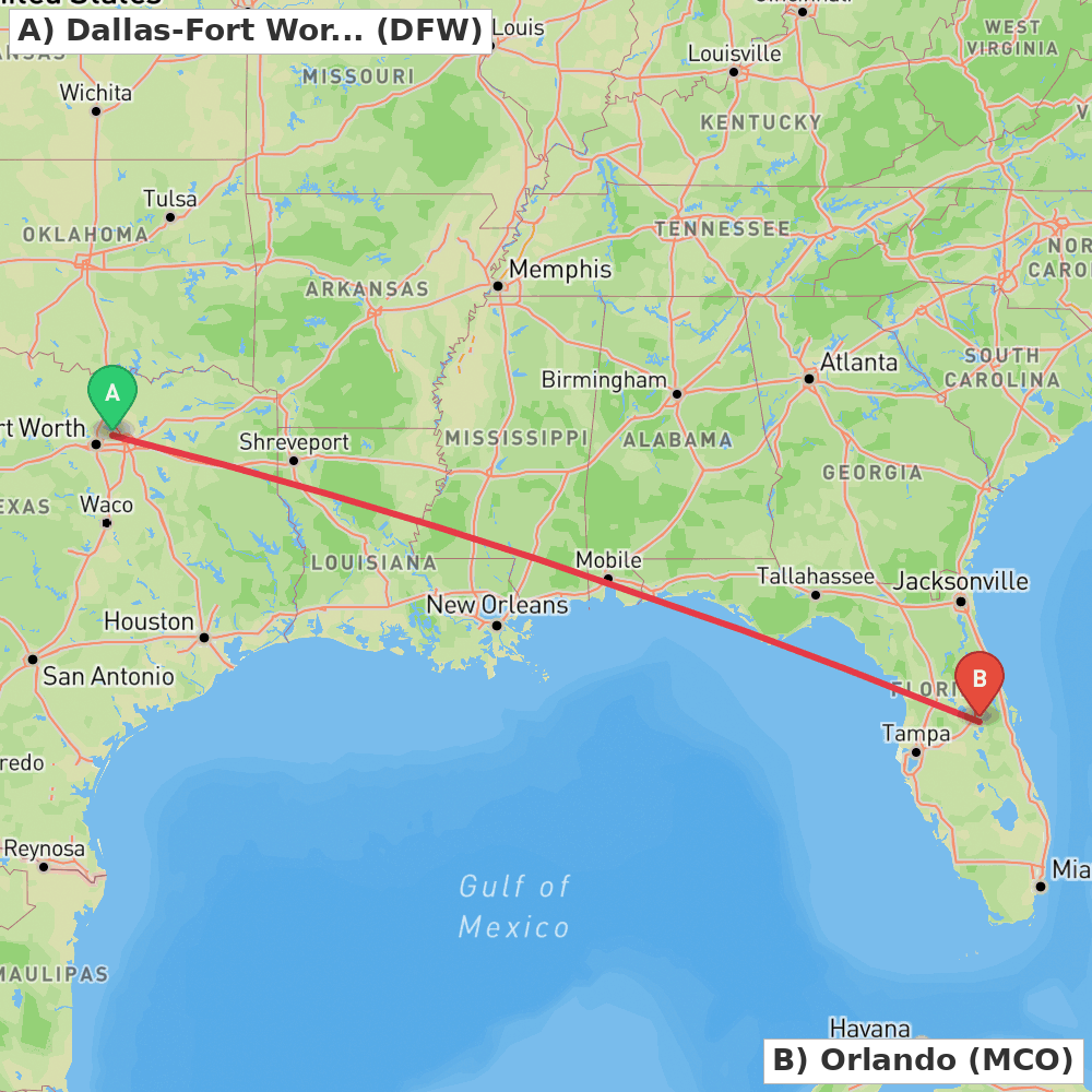 Flight route map from Dallas-Fort Worth to Orlando