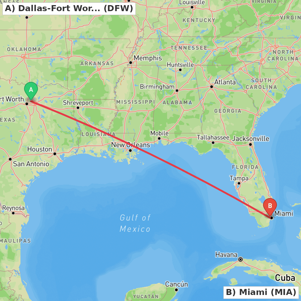 Flight route map from Dallas-Fort Worth to Miami