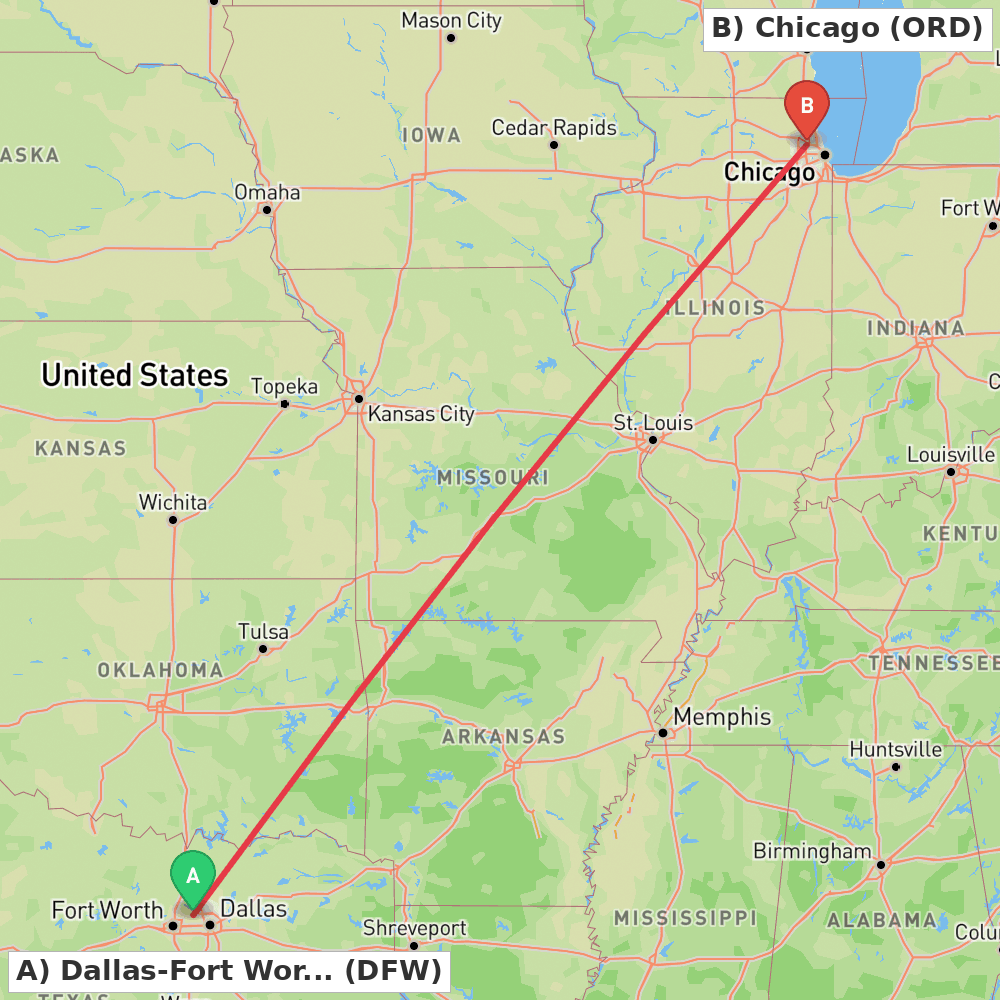 Flight route map from Dallas-Fort Worth to Chicago