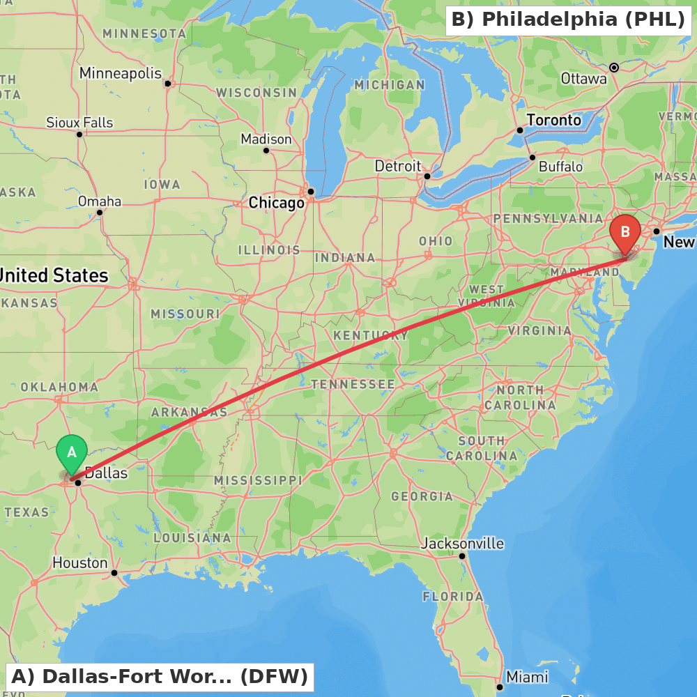 Flight route map from Dallas-Fort Worth to Philadelphia