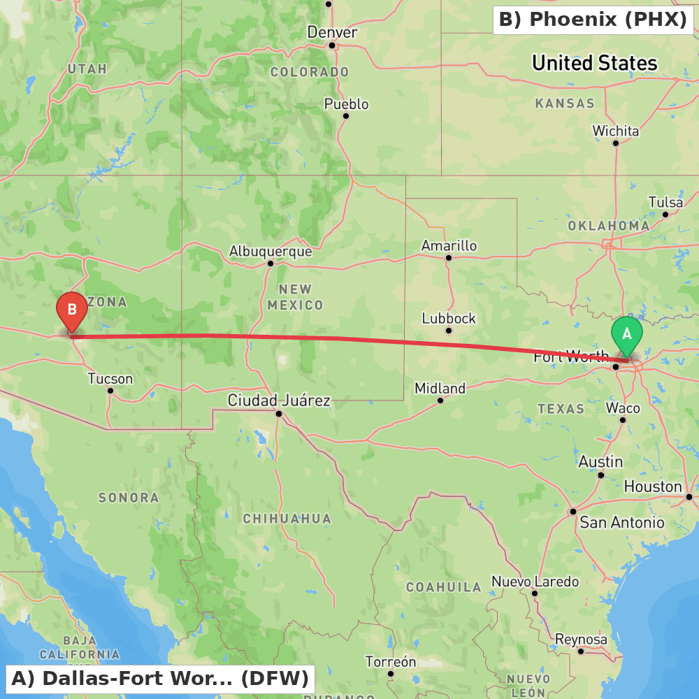 Flight route map from Dallas-Fort Worth to Phoenix