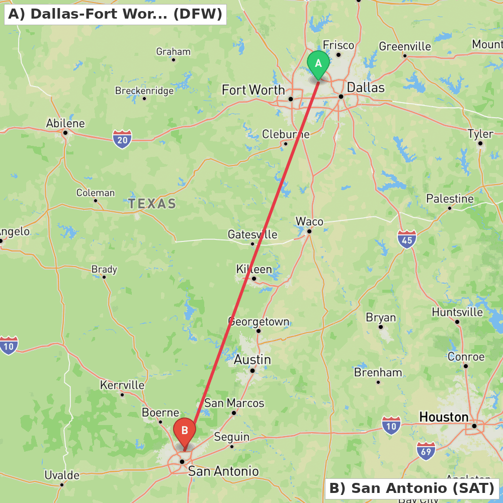 Flight route map from Dallas-Fort Worth to San Antonio