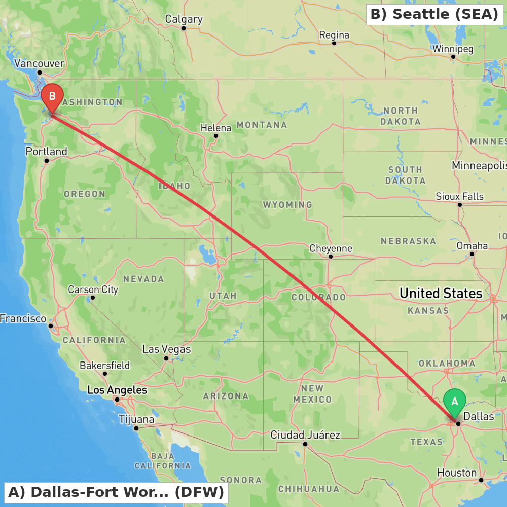 Flight route map from Dallas-Fort Worth to Seattle
