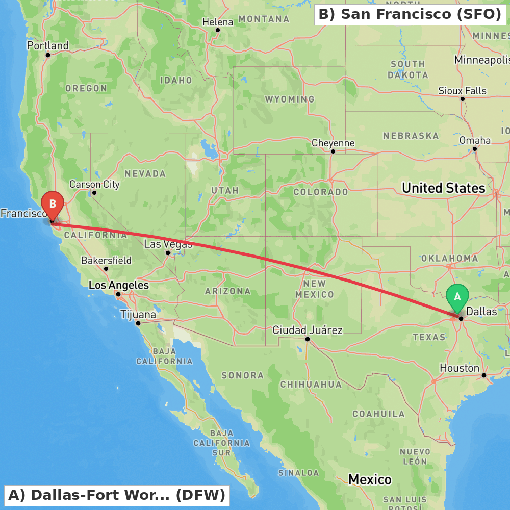Flight route map from Dallas-Fort Worth to San Francisco