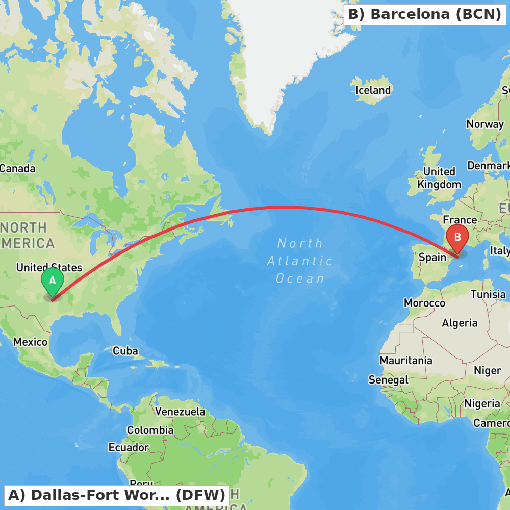 Flight route map from Dallas-Fort Worth to Barcelona