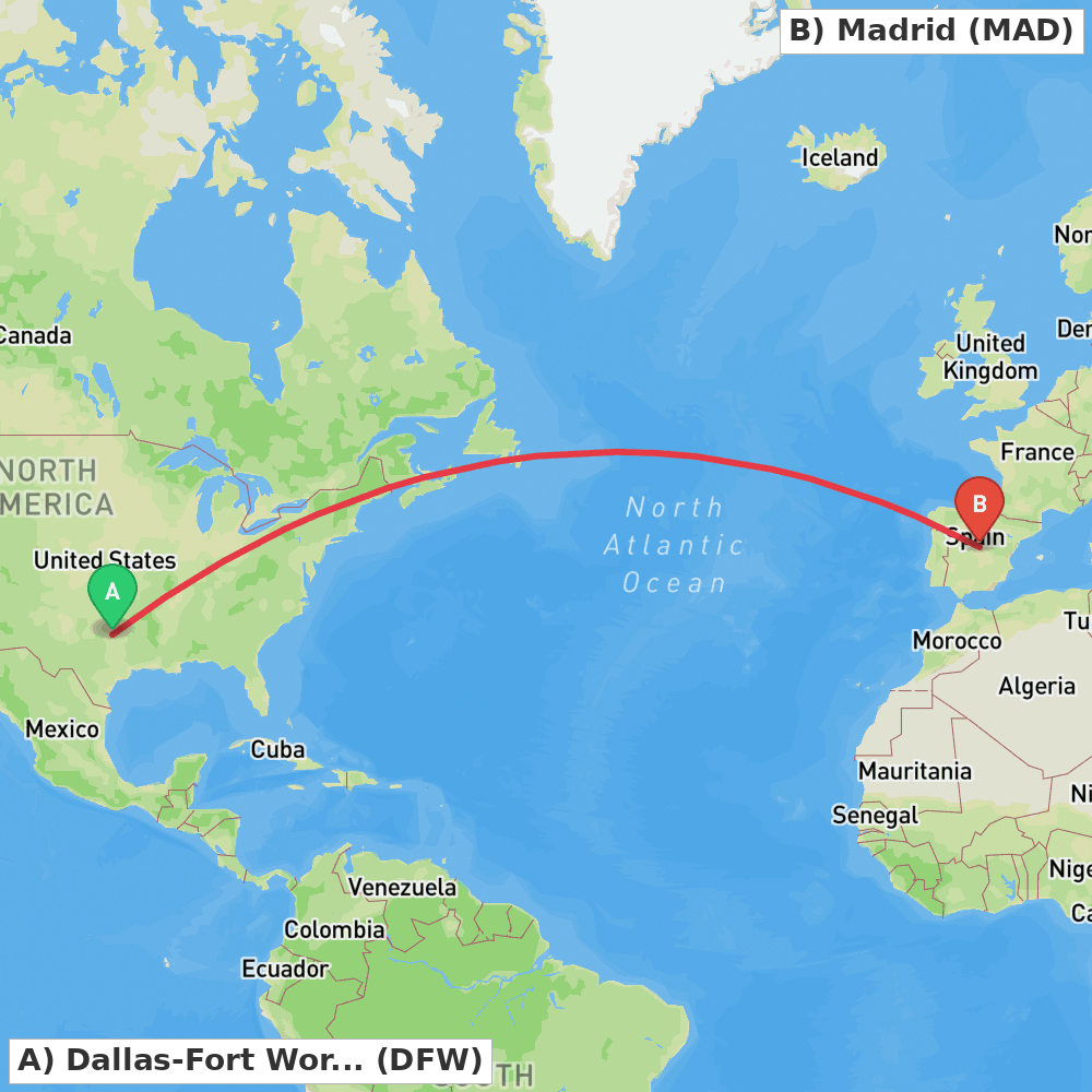 Flight route map from Dallas-Fort Worth to Madrid