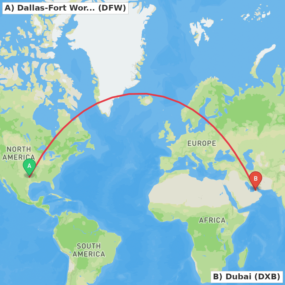 Flight route map from Dallas-Fort Worth to Dubai