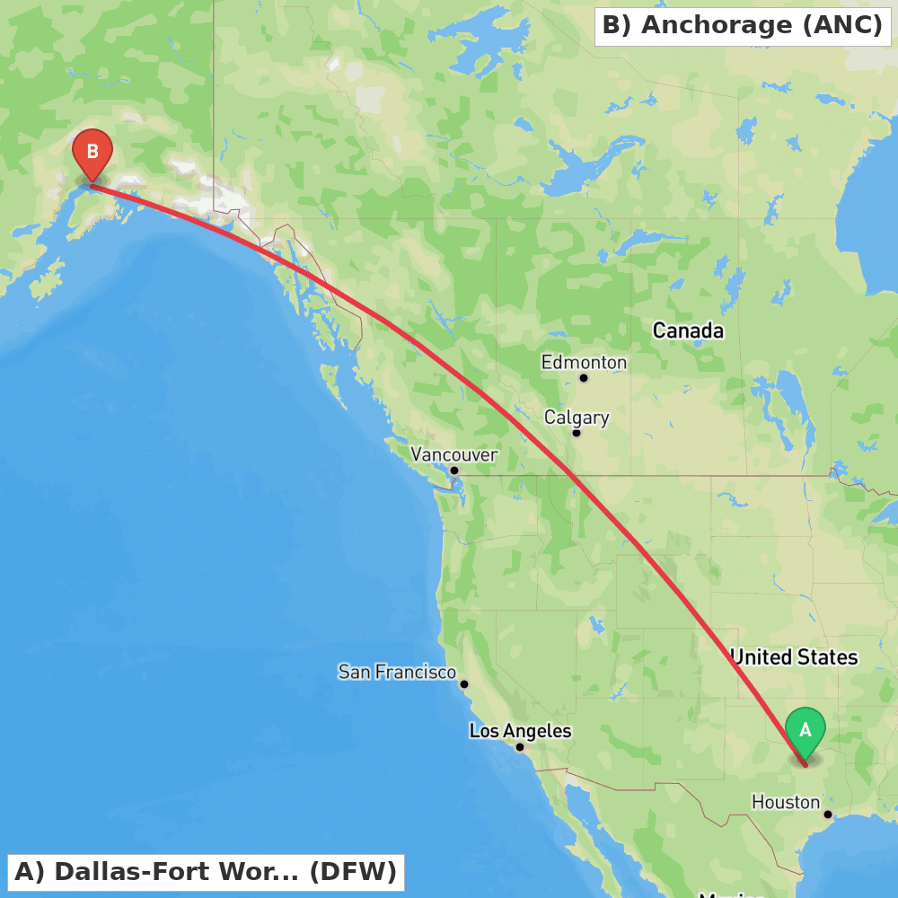 Flight route map from Dallas-Fort Worth to Anchorage