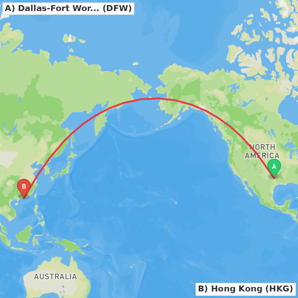 Flight route map from Dallas-Fort Worth to Hong Kong