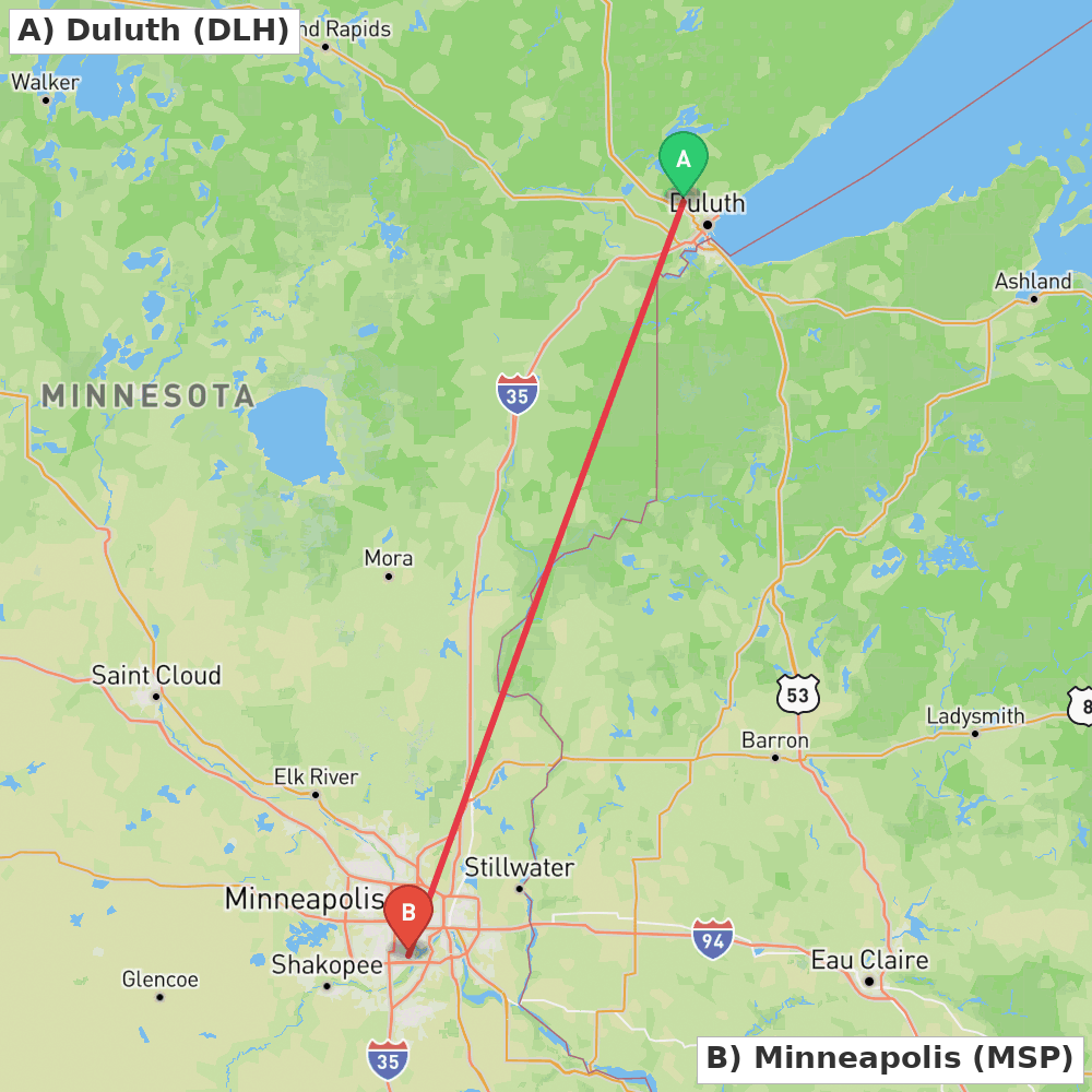 Flight route map from Duluth to Minneapolis