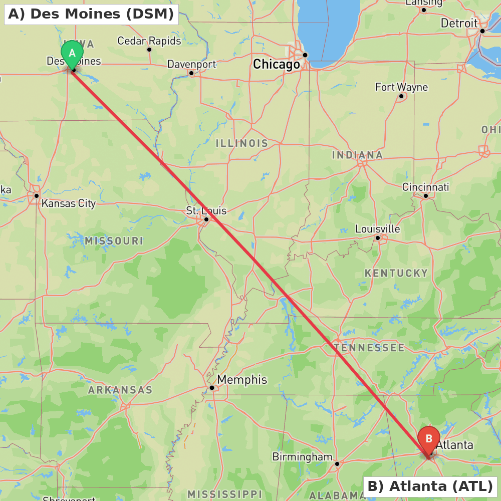 Flight route map from Des Moines to Atlanta