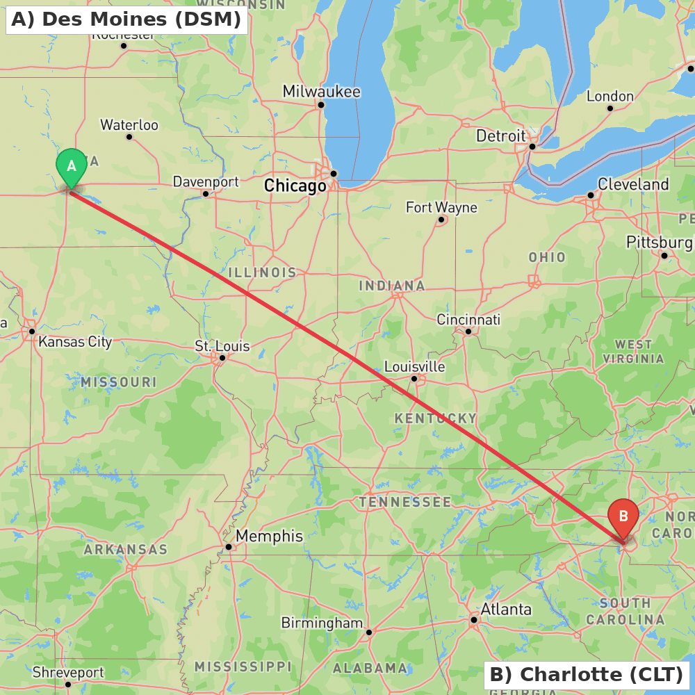 Flight route map from Des Moines to Charlotte