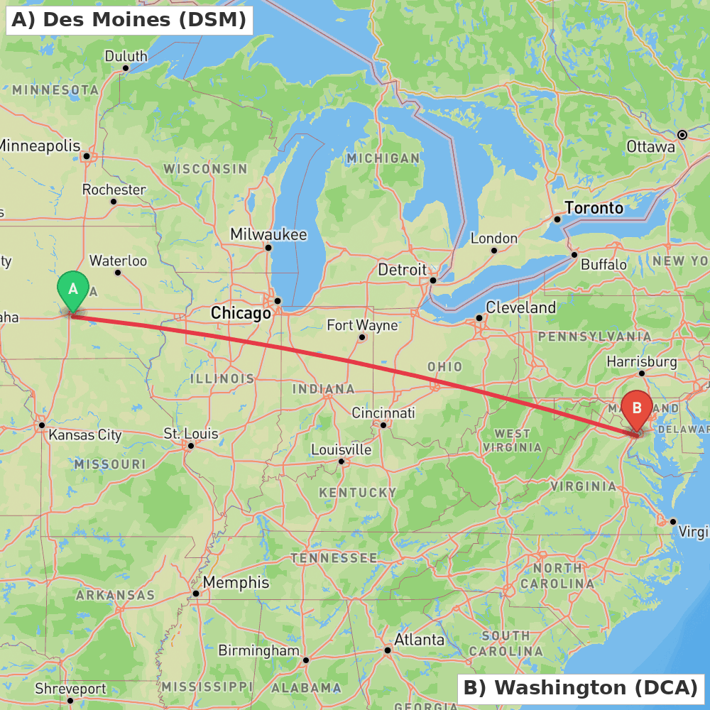 Flight route map from Des Moines to Washington
