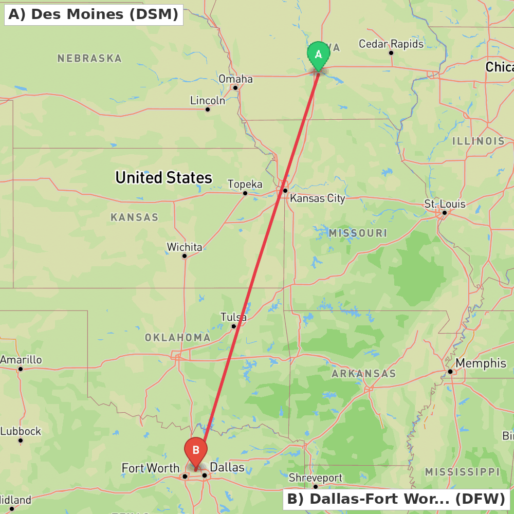 Flight route map from Des Moines to Dallas-Fort Worth