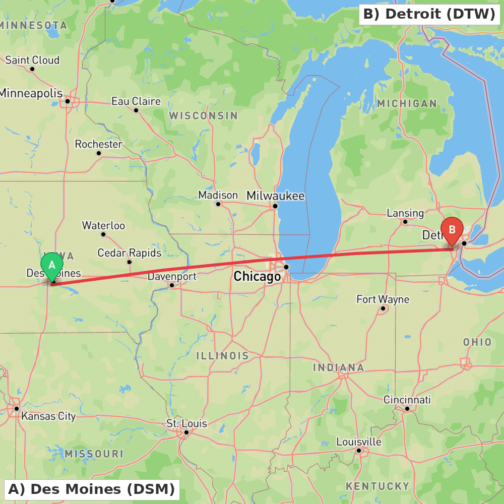 Flight route map from Des Moines to Detroit