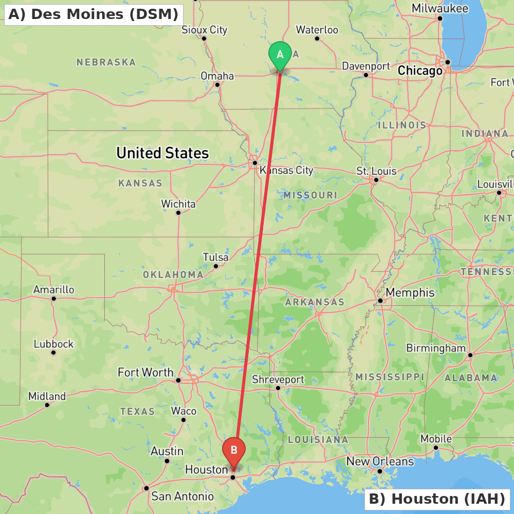 Flight route map from Des Moines to Houston