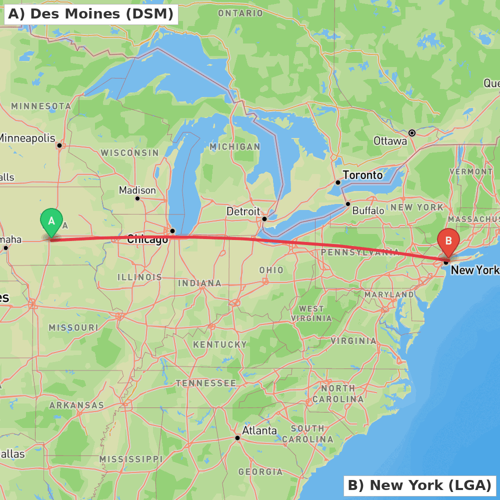 Flight route map from Des Moines to New York