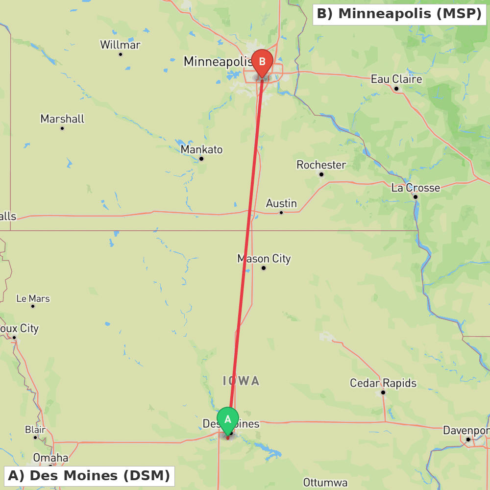 Flight route map from Des Moines to Minneapolis