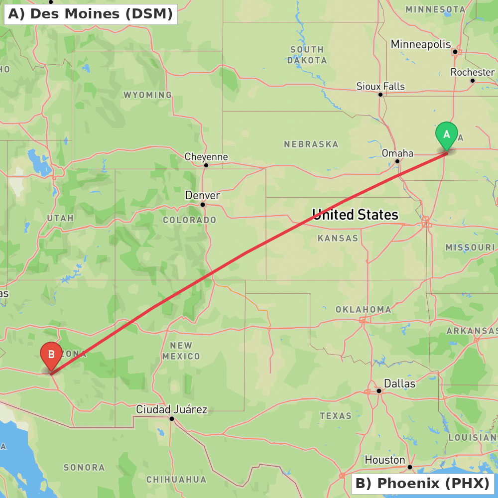 Flight route map from Des Moines to Phoenix