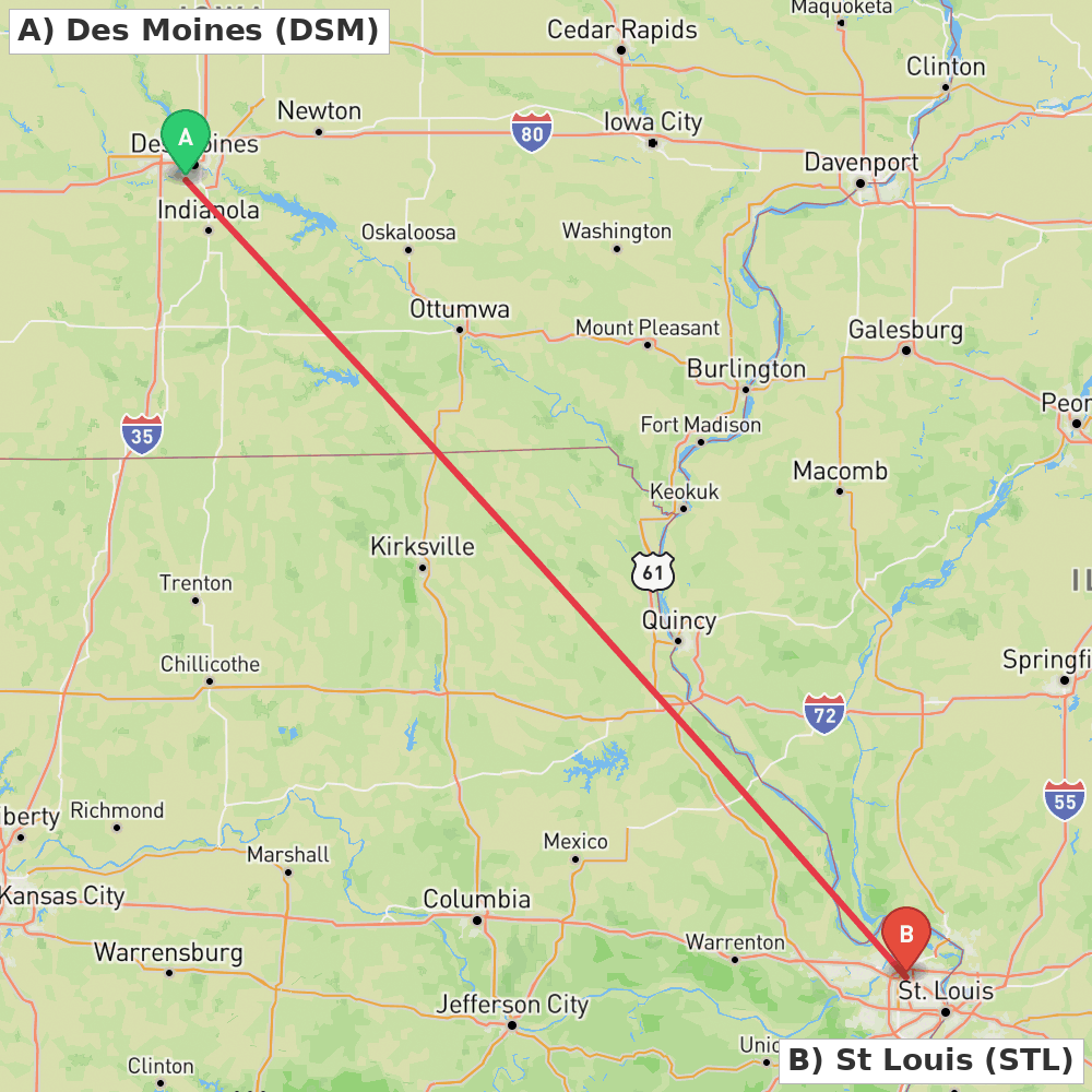 Flight route map from Des Moines to St Louis