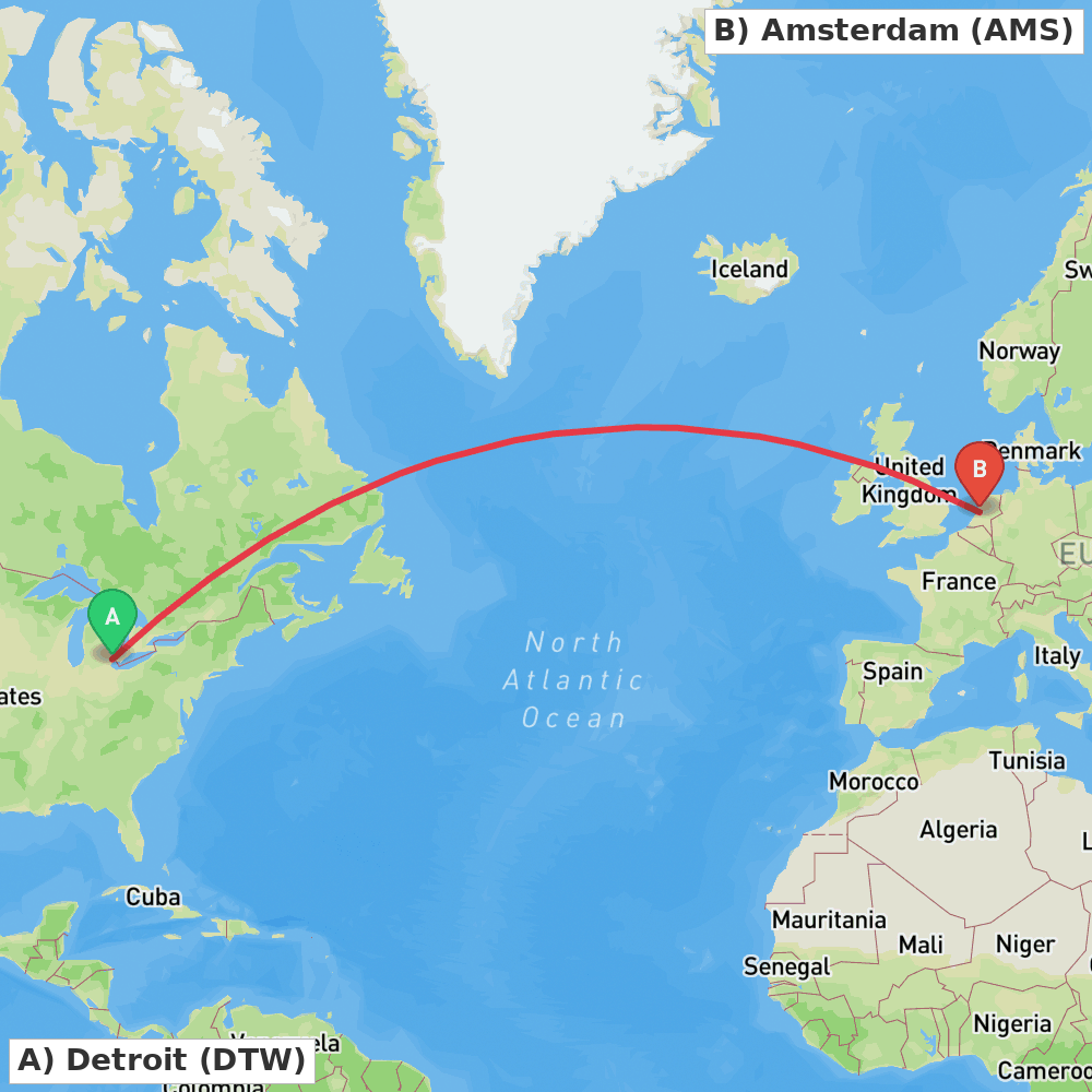 Flight route map from Detroit to Amsterdam