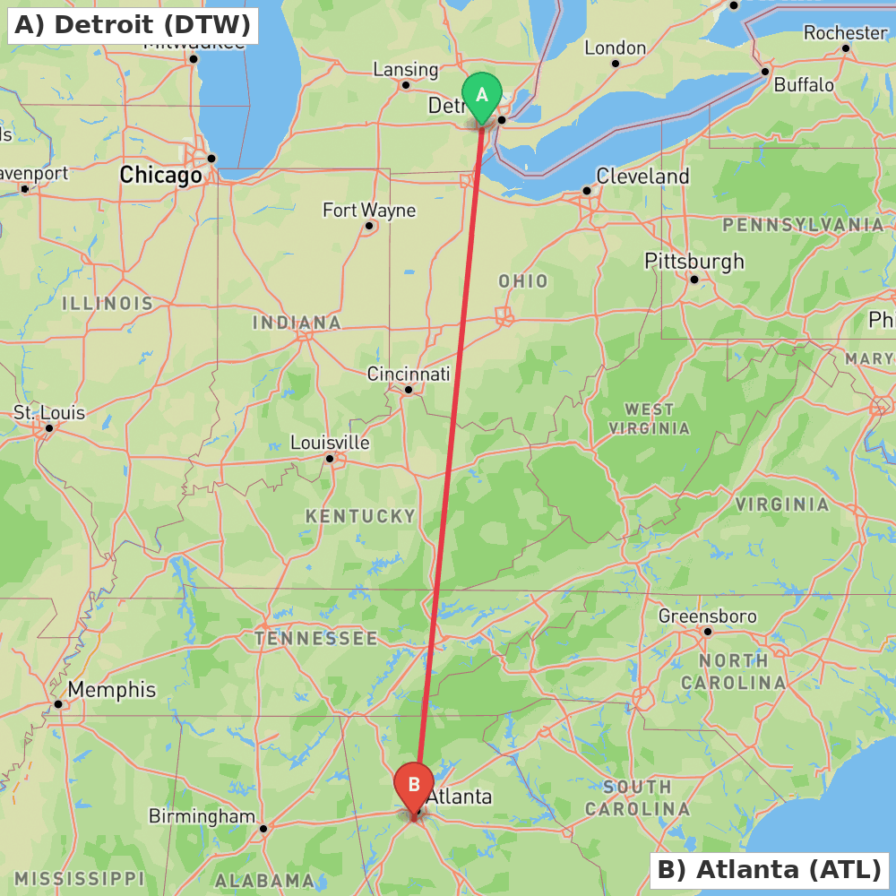 Flight route map from Detroit to Atlanta