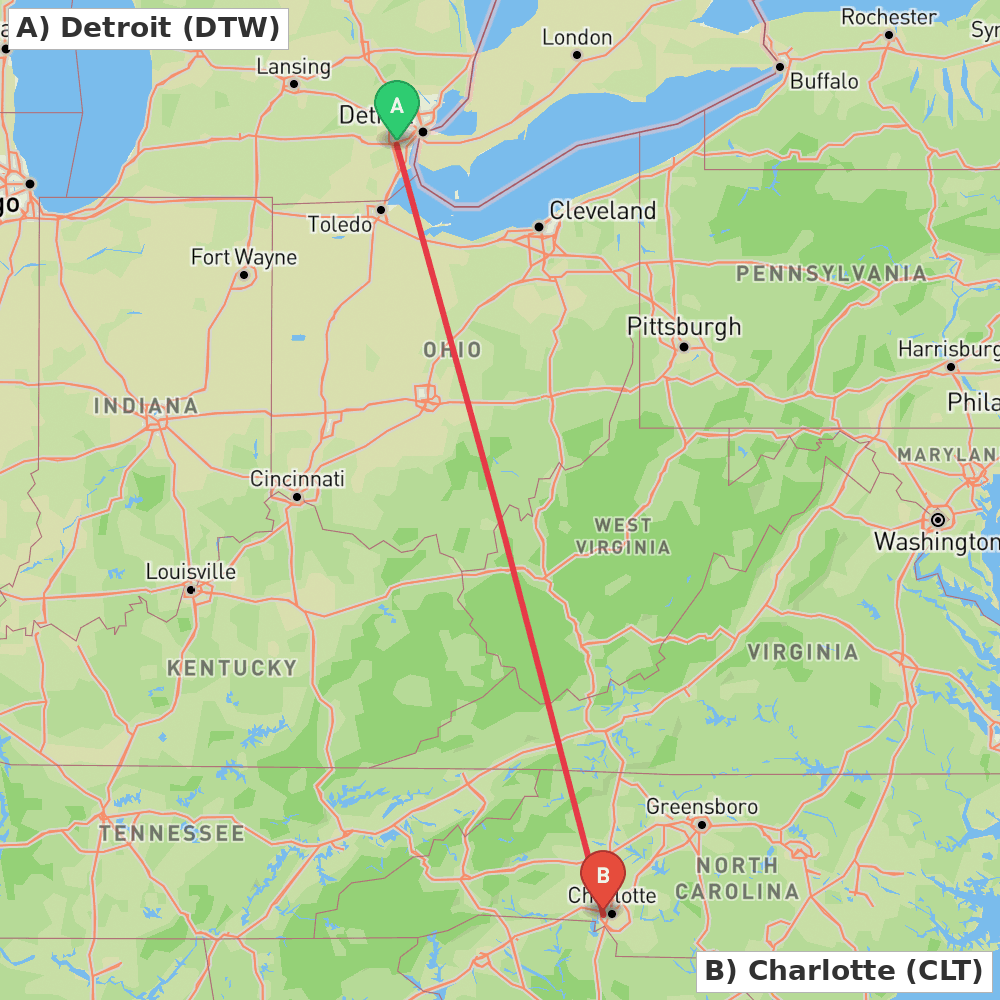 Flight route map from Detroit to Charlotte