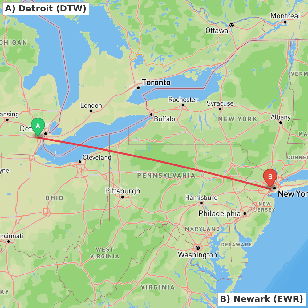 Flight route map from Detroit to Newark