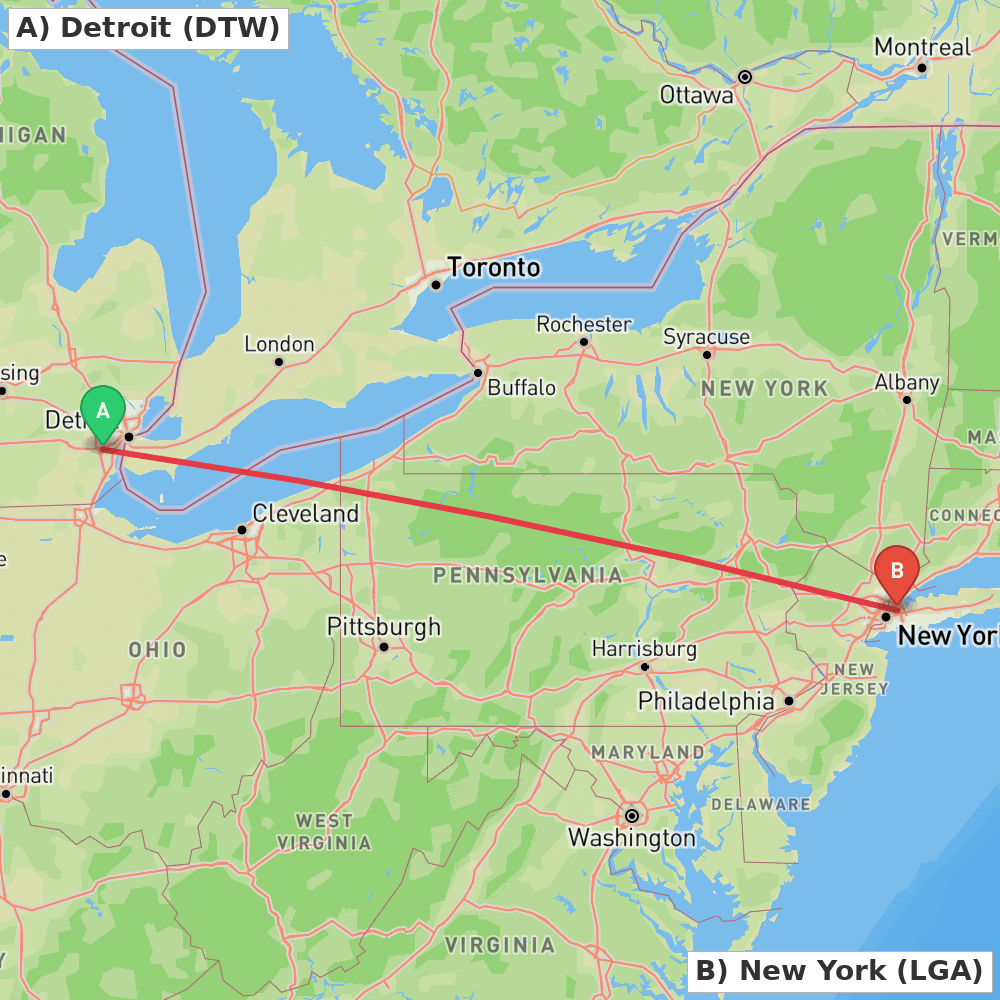 Flight route map from Detroit to New York