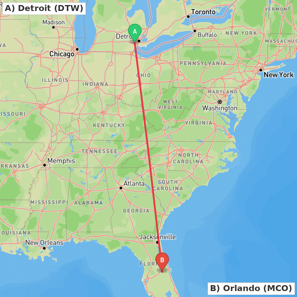 Flight route map from Detroit to Orlando