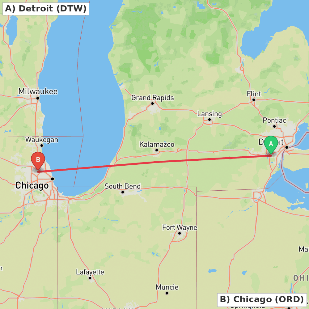 Flight route map from Detroit to Chicago