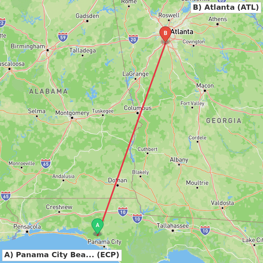 Flight route map from Panama City Beach to Atlanta