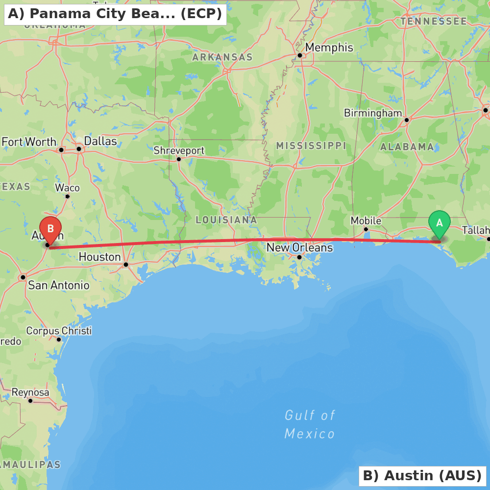 Flight route map from Panama City Beach to Austin