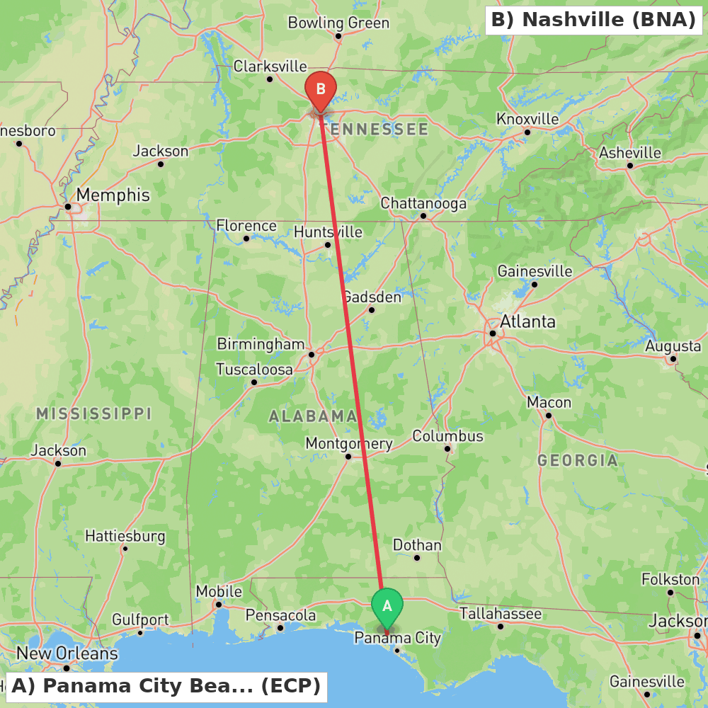 Flight route map from Panama City Beach to Nashville