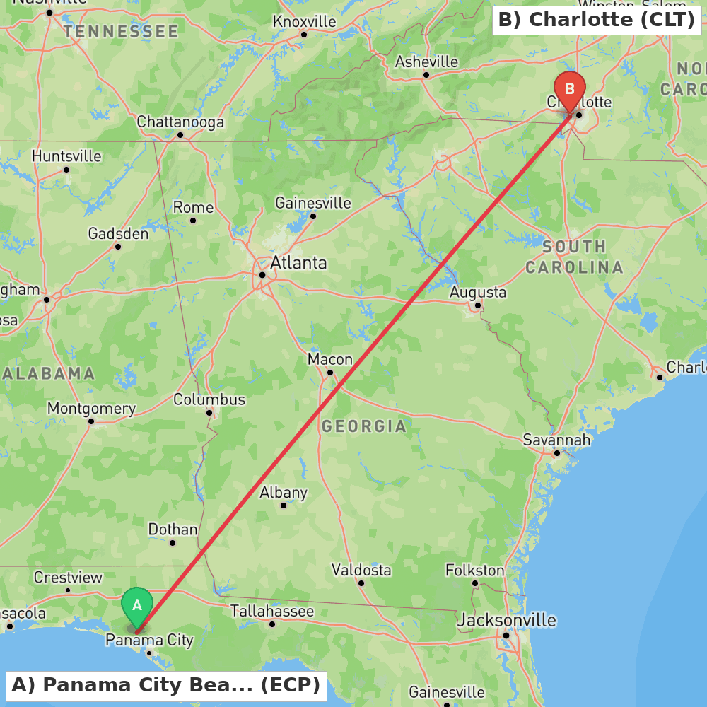 Flight route map from Panama City Beach to Charlotte