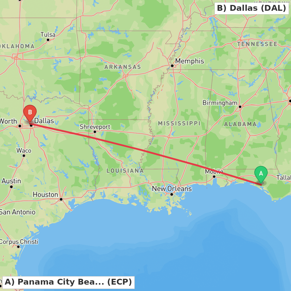 Flight route map from Panama City Beach to Dallas