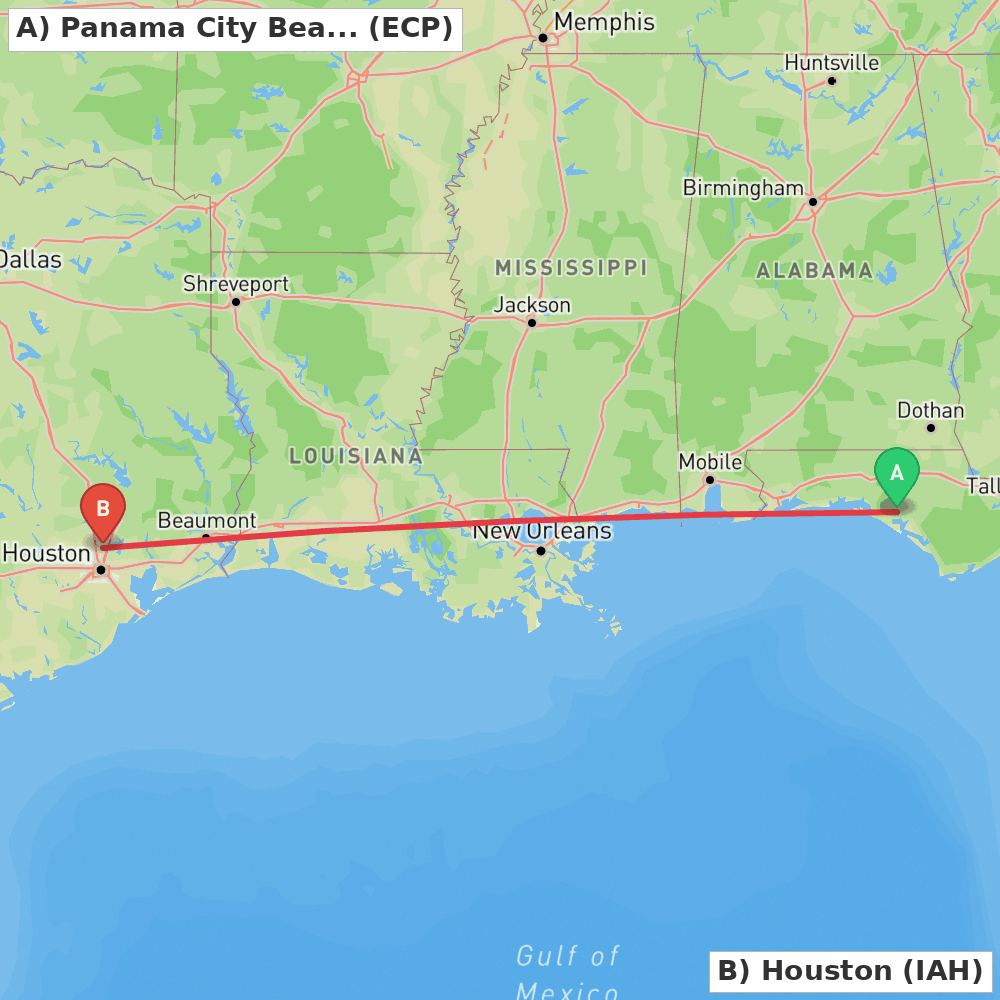 Flight route map from Panama City Beach to Houston