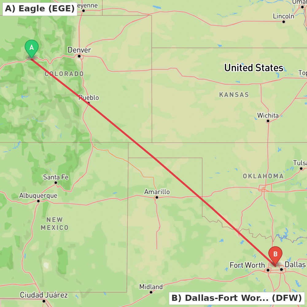 Flight route map from Eagle to Dallas-Fort Worth