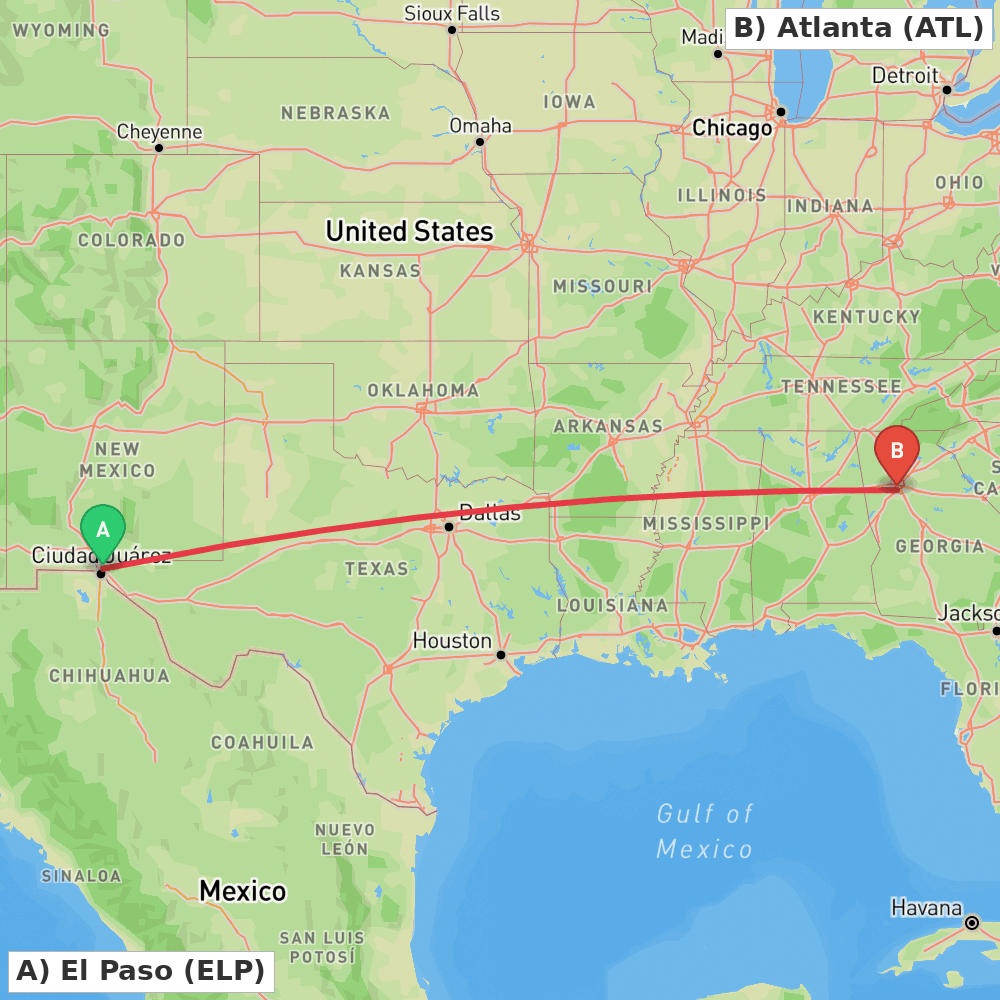 Flight route map from El Paso to Atlanta