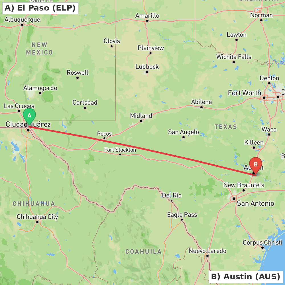 Flight route map from El Paso to Austin