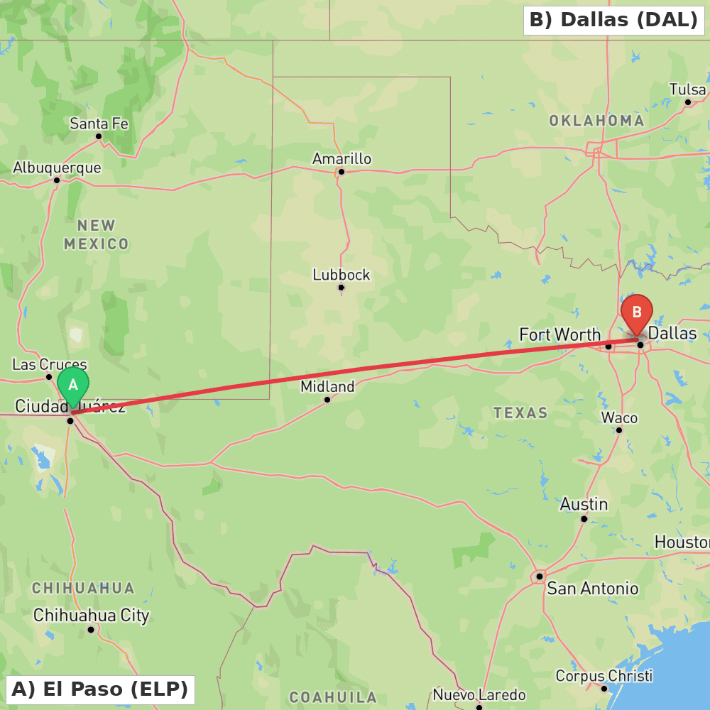 Flight route map from El Paso to Dallas