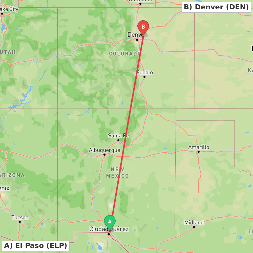 Flight route map from El Paso to Denver