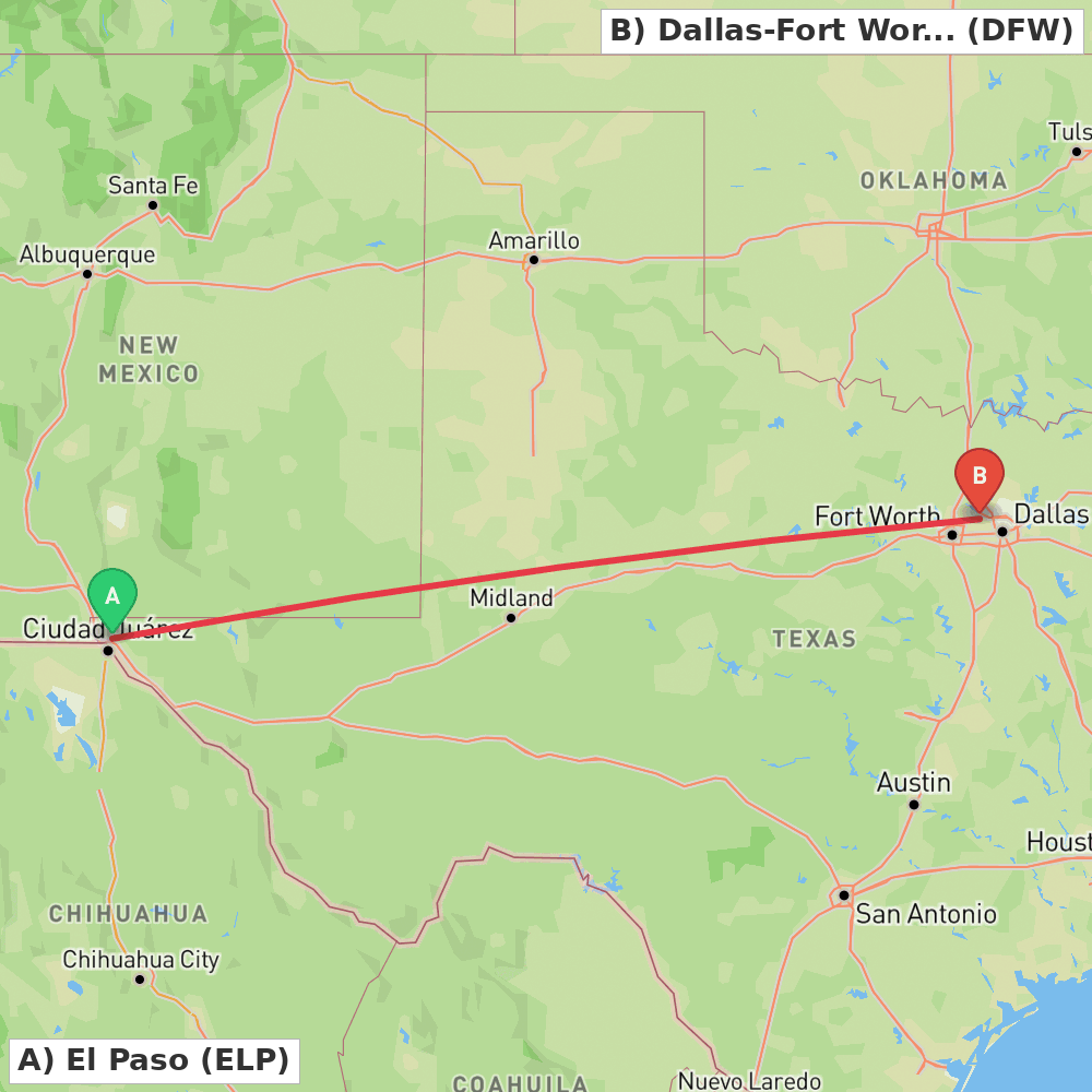 Flight route map from El Paso to Dallas-Fort Worth