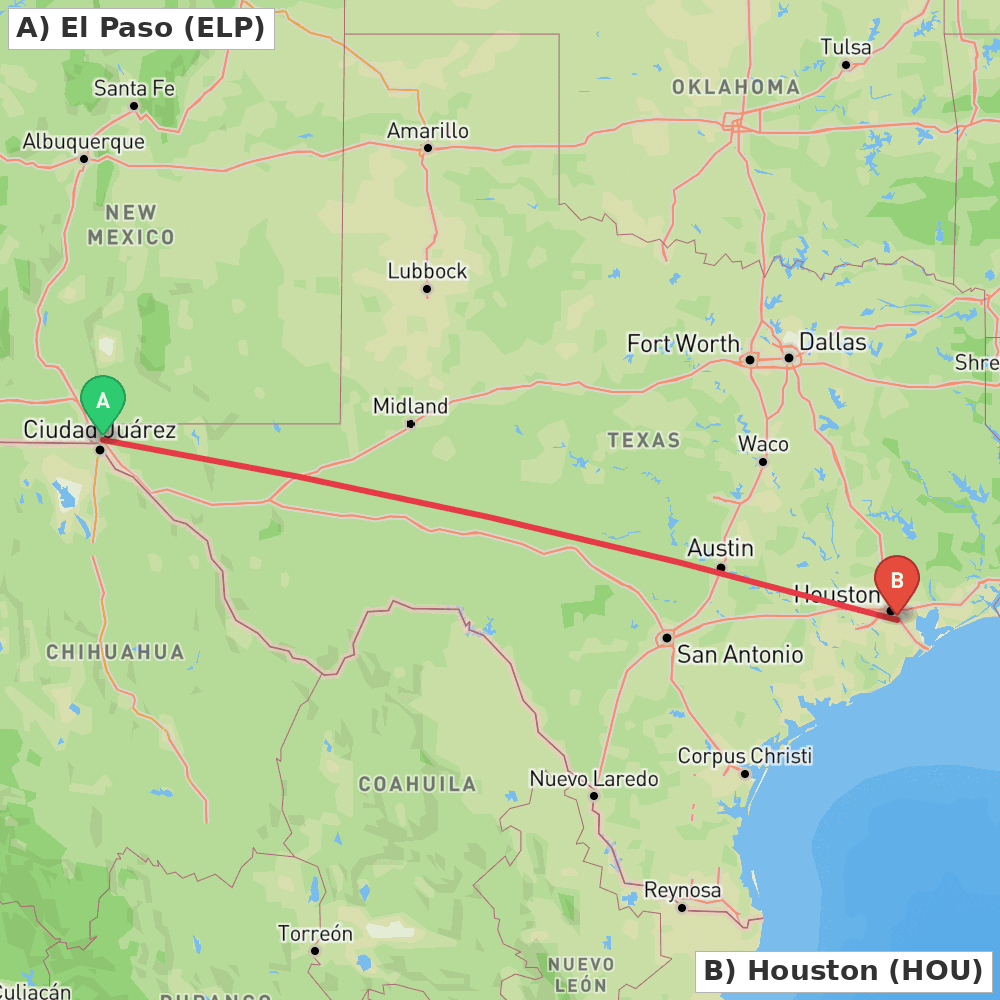 Flight route map from El Paso to Houston